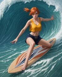 ai_generated ephemeral_visions kasumi_(pokemon) nintendo pokemon red red_hair surfboard surfer surfer_girl surfing waves