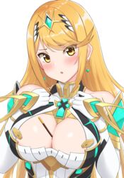 1girls :o bangs bare_shoulders blonde_hair blush breasts chocolate cleavage cleavage_cutout commentary_request dress earrings elbow_gloves female food food_between_breasts gem gloves hand_on_own_chest hands_on_own_chest highres hikari_(xenoblade_2) jewelry large_breasts long_hair melting mythra nintendo open_mouth pocky shoulder_armor simple_background solo spaulders sssemiii swept_bangs tiara v-shaped_eyebrows white_background white_dress white_gloves xenoblade_(series) xenoblade_chronicles_2 yellow_eyes