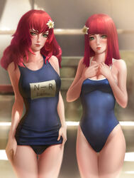 2girls areolae breasts devola female female_only green_eyes hair_flower high_resolution highres limgae long_hair multiple_girls navel nier nier:_automata nier_(series) popola red_hair standing swimsuit