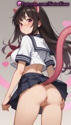 1girls ai_generated animal_ears anime anime_style anus asian ass asshole bangs black_hair black_skirt blue_skirt blush breasts brown_hair bust busty cat_ears cat_girl cat_tail cleft_of_venus closed_mouth cowboy_shot crop_top crop_top_overhang fake_animal_ears fake_tail female female_focus female_only female_solo from_behind grey_background hand_on_own_thigh heart hentai iki_hiyori juicy_butt labia labia_majora large_breasts long_hair looking_at_viewer looking_back miniskirt natsuyoru neckerchief no_bra no_panties nopan noragami oshiri pink_eyes pleated_skirt purple_eyes pussy red_eyes red_neckerchief sailor_collar sailor_uniform school_uniform serafuku shirt short_sleeves skirt skirt_lift skirt_tug solo solo_female standing tail tail_raised thighs uncensored underboob vagina voluptuous voluptuous_female white_sailor_collar white_shirt