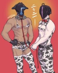 2boys bikini bondrewd bowtie brown_skin bulge chocolate_and_vanilla collar cow_bikini cow_boy cow_print cow_print_bikini cow_print_thighhighs cowbell dark-skinned_male dark_skin dilf fingerless_gloves gloves gueira hands_on_hips helmet leash leash_and_collar leotard made_in_abyss male male_only mask masked masked_male muscular muscular_male necojelly pale-skinned_male pale_skin short_shorts shorts tan_skin thighhighs zettai_ryouiki