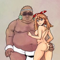 age_difference ass ass_grab blue_eyes bow breasts breasts_out brown_hair codex_black comic_book_character crossover dark-skinned_male dark_skin fat fat_man hotpankakke may_(pokemon) may_(pokemon_oras) mesoamerican naked naked_female nipples older_male older_man_and_teenage_girl original_character pokemon pokemon_rse pussy pussy_juice_drip pussy_lips smirking_at_viewer teen teenage_girl teenager white_skin younger_female