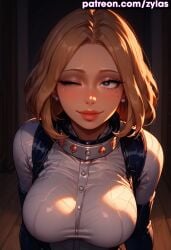 ai_generated big_breasts blonde_female blonde_hair blush bodysuit boku_no_hero_academia camie_utsushimi exposed_breasts hero_outfit_(mha) my_hero_academia naked_female pink_nipples pose ryuuziken01 short_hair utsushimi_camie