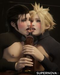 3boys 3d 3d_(artwork) black_hair black_penis blonde blonde_hair blowjob blue_eyes cloud_strife cock_ring collaborative_fellatio dark-skinned_male dark_skin ear_ring earrings femboy feminine_male final_fantasy final_fantasy_vii final_fantasy_vii_remake gay_sex interracial light-skinned_male light_skin long_fingernails male male/male male_focus male_only multiple_boys nipple_piercing pale-skinned_male pale_skin pierced_nipples piercing piercings pubes pubic_hair sissy square_enix supernovax tagme tongue tongue_out white_skin zack_fair