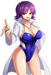 1girls 2020 breasts brown_eyes cleavage curvaceous edboydraws female gs_ball holding_object human labcoat large_breasts looking_at_viewer necklace nintendo one-piece_swimsuit pale-skinned_female pale_skin philena_ivy poke_ball pokemon pokemon_professor pokemon_rgby presenting purple_hair red_eyes short_hair standing swimsuit thick_thighs thighs white_background wide_hips