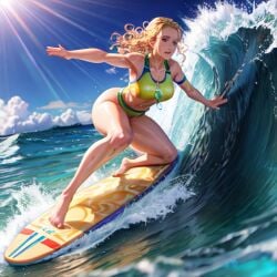 2023 ai_generated blonde_hair gpearr green_swimsuit surfboard surfer surfer_girl surfing water waves