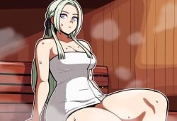 1girls ai_generated edelgard_von_hresvelg fire_emblem fire_emblem:_three_houses hourglass_figure long_hair medium_breasts novelai pale_skin princess purple_eyes purple_ribbon royalty sauna student teenage_girl teenager thick_thighs towel white_hair