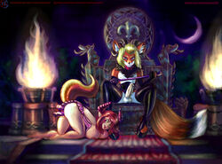 balls blonde_hair bondage breasts canid canine carpet celtic commission demon dildo esferaosamael fantasy fire fox fur furry historical horns human large_breasts latex moon penis stockings submissive tail throne ych