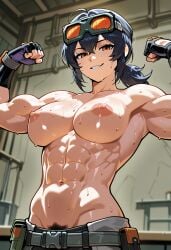 1girls abs ai_generated armpits arms_up breasts close-up fingerless_gloves flexing flexing_bicep gloves goggles goggles_on_head grace_howard muscular muscular_female pubic_hair_peek smiling_at_viewer sweat sweating topless topless_female workshop zenless_zone_zero