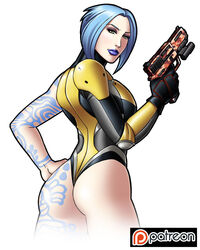 1girls ass borderlands borderlands_2 clothed female_only holding_weapon looking_back maya_(borderlands) pinup thedarkness thong