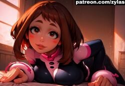 ai_generated big_ass big_breasts blush bodysuit boku_no_hero_academia cleavage exposed_breasts hero_outfit_(mha) huge_breasts my_hero_academia naked_female ochako_uraraka pink_nipples pose ryuuziken01 short_hair uraraka_ochako