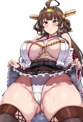 1girls ai_generated big_breasts breasts brown_hair female female_focus huge_breasts kantai_collection kongou_(kantai_collection) large_breasts purple_eyes showing_panties thick_thighs thighs