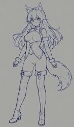 breasts ladnezer line_art long_hair pussy standing tail thigh_high_boots wolf_ears wolf_tail