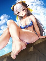 barefoot blue_swimsuit clothed_female feet foot_fetish ipuu_(el-ane_koubou) kiyohime_(fate/grand_order) kiyohime_(swimsuit_lancer)_(fate) looking_down pov_feet red_eyes sitting toes white_hair