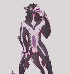 2019 4_fingers anthro balls black_hair erection fingers fur hair hi_res long_tongue male male_only nude open_mouth penis presenting presenting_penis purple_body purple_fur purple_penis sergal solo thanris_(thanris) tohfu tongue tongue_out yellow_eyes