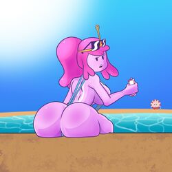 adventure_time ass big_ass bubble_butt commission dat_ass female looking_at_viewer peppermint_butler pink_skin pool princess_bubblegum sitting sling_bikini sunglasses sunglasses_on_head