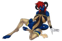 2019 3:2 alpha_channel anthro big_breasts blue_body blue_skin breast_squish breasts claws clothing dragon female gloves green_eyes hair handwear heterochromia hi_res horn jewelry komissar_bav legwear looking_at_viewer lying mechanical_limb nipples pussy red_hair silk squish stockings vaela yellow_eyes