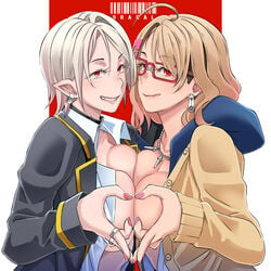 2girls blonde_hair breasts breasts_out butcha-u collar earring earrings eroquis fangs female glasses hand_heart hoodie licking_lips mole mole_under_eye multiple_girls nail_polish necklace open_top pointy_ears red_eyes ring symmetrical_docking