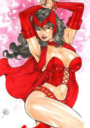 1girls 2019 avengers big_breasts bra breasts brown_hair busty cape cleavage clothed corset dated ed_benes_studio female female_only gloves green_eyes headwear homo_superior knee_up lanio_sena large_breasts lipstick loincloth marvel marvel_comics mutant mutant_(marvel) nail_polish panties pinup red_cape red_corset red_gloves red_headwear red_loincloth red_nail_polish red_nails red_panties scarlet_witch signature solo thighs underwear wanda_maximoff x-men