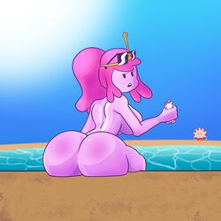 adventure_time ass big_ass bubble_butt commission dat_ass female looking_at_viewer nude peppermint_butler pink_skin pool princess_bubblegum sitting sunglasses sunglasses_on_head tanline