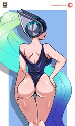 alternate_costume ass blue_hair dj_sona from_behind helmet kyoffie league_of_legends lipstick long_hair mask one-piece_swimsuit riot_games solo sona_buvelle swimsuit