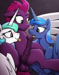 2019 absurd_res alicorn animal_genitalia animal_penis balls blush broken_horn equid equine_penis eye_scar female feral friendship_is_magic group hi_res horn horsecock licking male mammal medial_ring my_little_pony my_little_pony_the_movie open_mouth oral penis princess_celestia_(mlp) princess_luna_(mlp) scar selenophile sex sibling signature sister sisters smile spread_legs spreading straight tempest_shadow_(mlp) tongue tongue_out unicorn vein wings