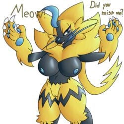 1:1 1girls 2019 anthro anthrofied big_breasts big_hands blue_eyes breasts claws eye_contact feline female fur furry half-closed_eyes hi_res legendary_pokémon looking_at_viewer mammal neksu nintendo nude open_mouth pokémon_(species) pokemon pokemon_usm pose pussy solo text thick_thighs video_games wide_hips yellow_body yellow_fur zeraora