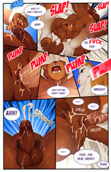 adrian_vitalis anal anal_sex anthro balls bed bodily_fluids canid canine canis captain_nikko comic cum cum_in_ass cum_inside dialogue domestic_cat domestic_dog duo felid feline felis furniture genital_fluids hi_res male male/male mammal moan nude omar_mercado orgasm penetration penis pubes speech_bubble tattoo text