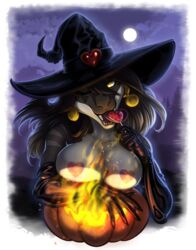 1girls 2019 anthro breasts brown_body brown_scales clothing female halloween heterochromia hi_res holidays jack-o'-lantern long_tongue magic_user neerishia one_eye_closed open_mouth reptile scales scalie solo tongue unknown_artist witch