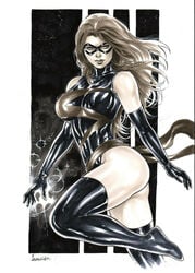 1girls 2019 ass avengers black_gloves black_thighhighs carol_danvers dated domino_mask ed_benes_studio female female_only flying gloves greyscale leandro_oliveira leotard lipstick long_hair marvel marvel_comics mask monochrome ms._marvel ms._marvel_(carol_danvers) pinup signature solo superheroine thick_thighs thighhighs thighs