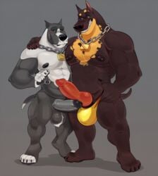 2019 4_fingers 5_fingers animal_genitalia animal_penis anthro ball_tuft balls big_balls big_muscles big_penis black_body black_fur black_nipples black_nose black_sclera blush brown_body brown_fur bulge canid canine canine_penis canis chains clothing dobermann domestic_dog duo erection eyebrows fingers fur green_eyes grey_body grey_eyes grey_fur huge_cock igiveyoulemons male male/male male_only mammal multicolored_body multicolored_fur muscular muscular_male nipple_piercing nipples penis piercing pink_penis pinscher pit_bull plantigrade simple_background standing thick_eyebrows thong tuft two_tone_body two_tone_fur underwear white_body white_fur