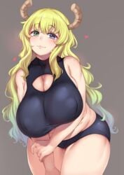 1girls blonde_hair breasts chubby cleavage eye_contact female female_only half-closed_eyes heart heterochromia huge_breasts looking_at_viewer mature_female milf miss_kobayashi's_dragon_maid moisture_(chichi) nipples quetzalcoatl_(dragon_maid) solo thick_thighs wide_hips