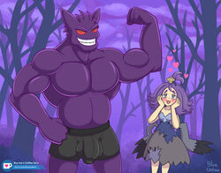 1boy 1girls acerola_(pokemon) admiring anthro big_penis blueumbra blush boxers_(clothing) bulge clothing duo eye_contact female flexing forest gengar ghost heart human humanoid larger_male looking_at_viewer male male_focus muscular nintendo pecs penis penis_outline pokémon_(species) pokemon pokemon_rgby pokemon_sm pose purple_body purple_skin red_eyes size_difference smaller_female smile spirit standing straight text tree underwear url video_games watermark