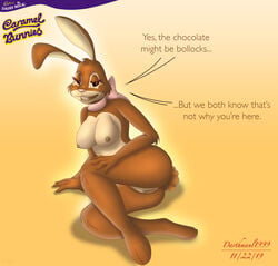 2019 absurd_res advertisement anthro areola ass breasts cadbury cadbury_bunny darthmaul1999 female hi_res lagomorph leporid lying mammal mascot nipples pussy rabbit seductive text