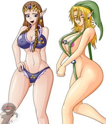 2girls alternate_hair_color alternate_hairstyle areolae big_ass big_breasts big_butt bikini bimbo breasts female female_only hat large_breasts link link_(twilight_princess) multiple_girls nipple_bulge princess_zelda rule_63 string_bikini tagme the_legend_of_zelda twilight_princess war_off_evil zelda_(twilight_princess)