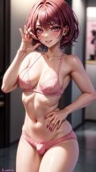 1futa ai_generated ai_hands bad_anatomy breasts daniela daniela_(ai) futanari penis_bulge pink_bra pink_eyes pink_hair pink_panties