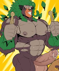 1boy anthro anthrofied big_penis big_testicles bodily_fluids brown_fur cum drum foreskin furry genital_fluids green_fur green_hair grin hair hi_res huge_penis humanoid_penis large_penis large_testicles male male_only monkey muscular muscular_male nintendo nude orange_eyes penis pokémon_(species) pokemon pokemon_ss pose precum rillaboom smile solo standing teeth testicles text thick_penis thick_thighs thy_carker thymilph veins veiny_penis video_games watermark yellow_background