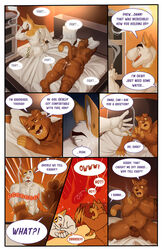 adrian_vitalis anthro balls bed bedroom bodily_fluids burn canid canine canis captain_nikko comic cum cum_in_ass cum_inside dialogue domestic_cat domestic_dog duo felid feline felis furniture genital_fluids hi_res male male_only mammal nude omar_mercado penis pillow smoke smoking soles speech_bubble sweat tattoo text wounded