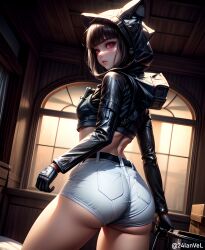 ai_generated animal_hood ass ass_focus black_hair d_(nikke) female from_behind gloves goddess_of_victory:_nikke hood huge_ass looking_at_viewer looking_back red_eyes shiny shiny_clothes shiny_hair shiny_skin short_hair short_shorts shorts smile solo