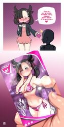 1boy 1girls abs alternate_outfit armpits bikini black_hair blue_eyes bra breasts card cleavage clothed comic cute embarrassed female heart human human_only kenron_toqueen league_card looking_away male marnie_(pokemon) nintendo photo photo_(object) pink_panties pinup pokemon pokemon_ss selfie side_tie_panties text underwear wide_hips