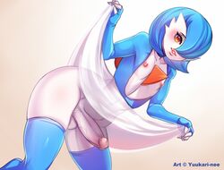 1boy alternate_color anthro anthrofied ass big_ass big_penis blue_gloves blue_hair blue_thighhighs blush bottomless clothes dress dress_lift erection eye_contact femboy fingerless_gloves gardevoir girly gloves grin hair hair_over_one_eye huge_ass humanoid_penis large_ass large_penis lipstick looking_at_viewer male male_gardevoir male_only male_pokemon nintendo nipples orange_eyes penis pink_lipstick pokémon_(species) pokemon pokemon_(species) pokemon_rse pose presenting red_eyes shiny_pokemon shirt short_hair smile solo spread_legs standing testicles text thick_penis thick_thighs thigh_gap thighhighs veins veiny_penis video_games watermark white_penis white_skin wide_hips yuukari-nee