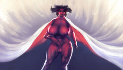 1futa blizzard_entertainment cape cum demon_girl diablo diablo_4 futanari horns huge_breasts huge_cock intersex kupocun lilith_(diablo) red_skin smiling solo_futa