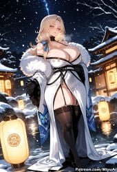 1girl ai_assisted ai_generated bangs bare_shoulders black_legwear blonde_hair blush breasts cleavage collarbone curvaceous curvy curvy_female curvy_figure eyebrows_visible_through_hair female full_body fur_collar garter_straps goddess_of_victory:_nikke hair_ornament holding huge_breasts lantern logo long_hair long_sleeves looking_at_viewer ludmilla_(nikke) miyuai mole night night_sky off_shoulder one_eye_closed outdoors paper_lantern shiny side_slit sky smile snow snowing solo standing star_(sky) starry_sky thick thick_ass thick_butt thick_hips thick_legs thick_thighs thighhighs thighs very_long_hair voluptuous voluptuous_female watermark wide_hips wide_thighs