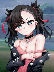 1girls black_hair blue_eyes blush breasts breasts_out choker chrisandita close-up clothes ear_piercing eye_contact eyelashes female female_only half-closed_eyes human human_only looking_at_viewer looking_away marnie_(pokemon) necklace nintendo pokemon pokemon_ss small_breasts solo tank_top text twintails watermark