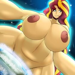 1girls areolae breasts dominant_female domination equestria_girls giantess huge_breasts macro my_little_pony my_little_pony_friendship_is_magic okioppai planet planetary solo sunset_shimmer voluptuous wide_hips yellow_skin