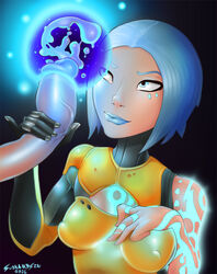 1girls blue_eyes blue_hair blue_lipstick bob_cut borderlands borderlands_2 cum disembodied_penis ejaculation eyeshadow faceless_male female forced_orgasm glowing_penis handjob imminent_oral magic male/female maya_(borderlands) medium_hair oral pale-skinned_female penis_milking petite silver_eyes skinny straight sudkampsin tattoo