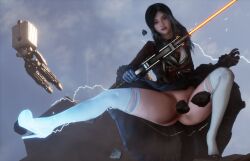 ass attack black_hair dress female lightning looking_at_viewer no_panties pussy_covered rocks screenshot smile solo_female stellar_blade stellarboi sword tachy_(stellar_blade) thick_thighs thighhighs thighs upskirt video_games