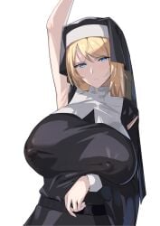 1girls arm_up armpit_fetish armpits blonde_hair blue_eyes breasts clothed clothed_female expressionless female female_only habit hi_res huge_breasts large_areolae light-skinned_female light_skin long_hair long_hair_female looking_at_viewer nipple_bulge nipples_visible_through_clothing no_bra nun nun's_habit original original_character seitoedaha simple_background solo veil