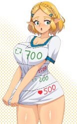 1girls blonde_hair blush braid breasts breath_of_the_wild cleavage elf elf_female female_focus female_only gradient_background green_eyes large_breasts open_mouth oversized_shirt pointy_ears princess_zelda shirt shirt_only shirt_pull short_hair solo solo_female surprised surprised_expression tears_of_the_kingdom the_legend_of_zelda zelda_(breath_of_the_wild) zelda_(tears_of_the_kingdom) zuchysdraws