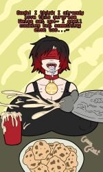 1boy 1girls 2d alternate_breast_size anon anonymous_male anonymous_penis big_breasts big_penis black_hair blindfold blindfolded breasts_on_table collar cookie cookies cum cum_in_glass cumshot cup cup_of_cum dialogue drinking_cum drooling ejaculation english_text female female_focus food food_play glass glass_of_cum guavagrunt huge_breasts huge_cock hyper_breasts indoors male nipples_visible_through_clothing open_mouth orgasm penis red_hair ruby_rose rwby short_hair speech surprise table tag tag_collar tank_top text two_tone_hair unaware veiny_penis